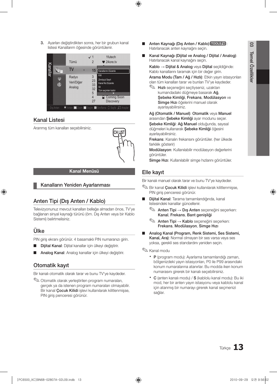 Kanal listesi, Anten tipi (dış anten / kablo), Ülke | Otomatik kayıt, Elle kayıt | Samsung PS50C6500TW User Manual | Page 454 / 499