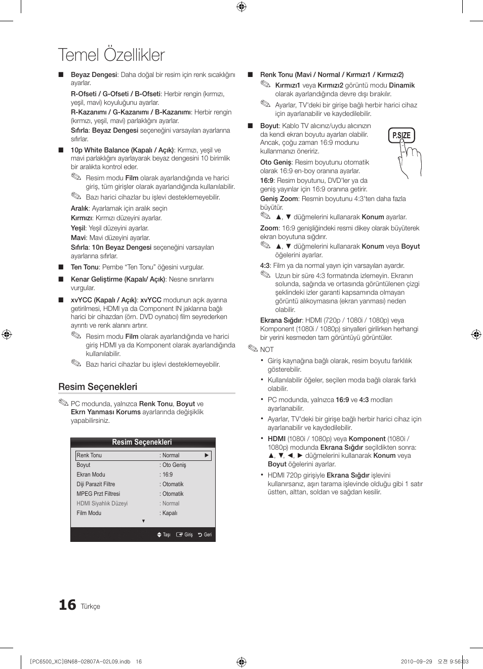 Temel özellikler | Samsung PS50C6500TW User Manual | Page 457 / 499