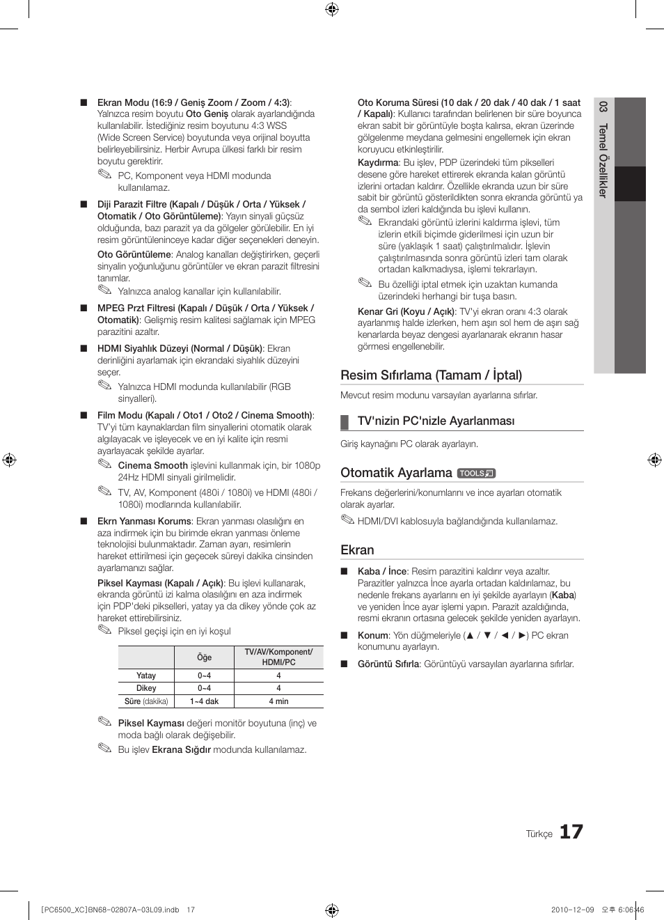 Resim sıfırlama (tamam / iptal), Otomatik ayarlama, Ekran | Samsung PS50C6500TW User Manual | Page 458 / 499