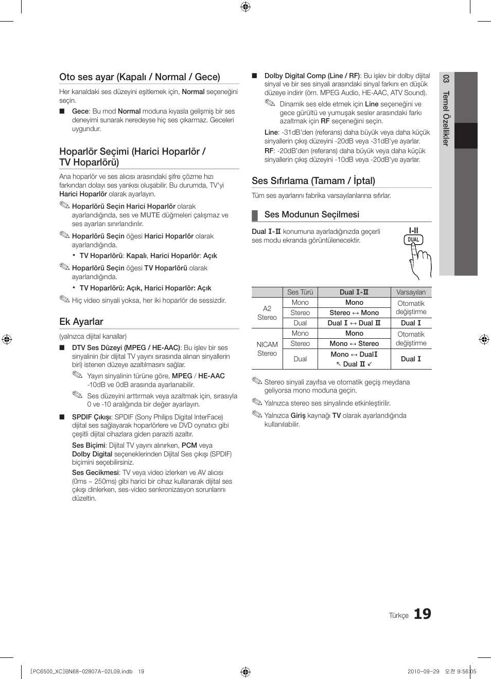 Oto ses ayar (kapalı / normal / gece), Hoparlör seçimi (harici hoparlör / tv hoparlörü), Ek ayarlar | Ses sıfırlama (tamam / iptal) | Samsung PS50C6500TW User Manual | Page 460 / 499