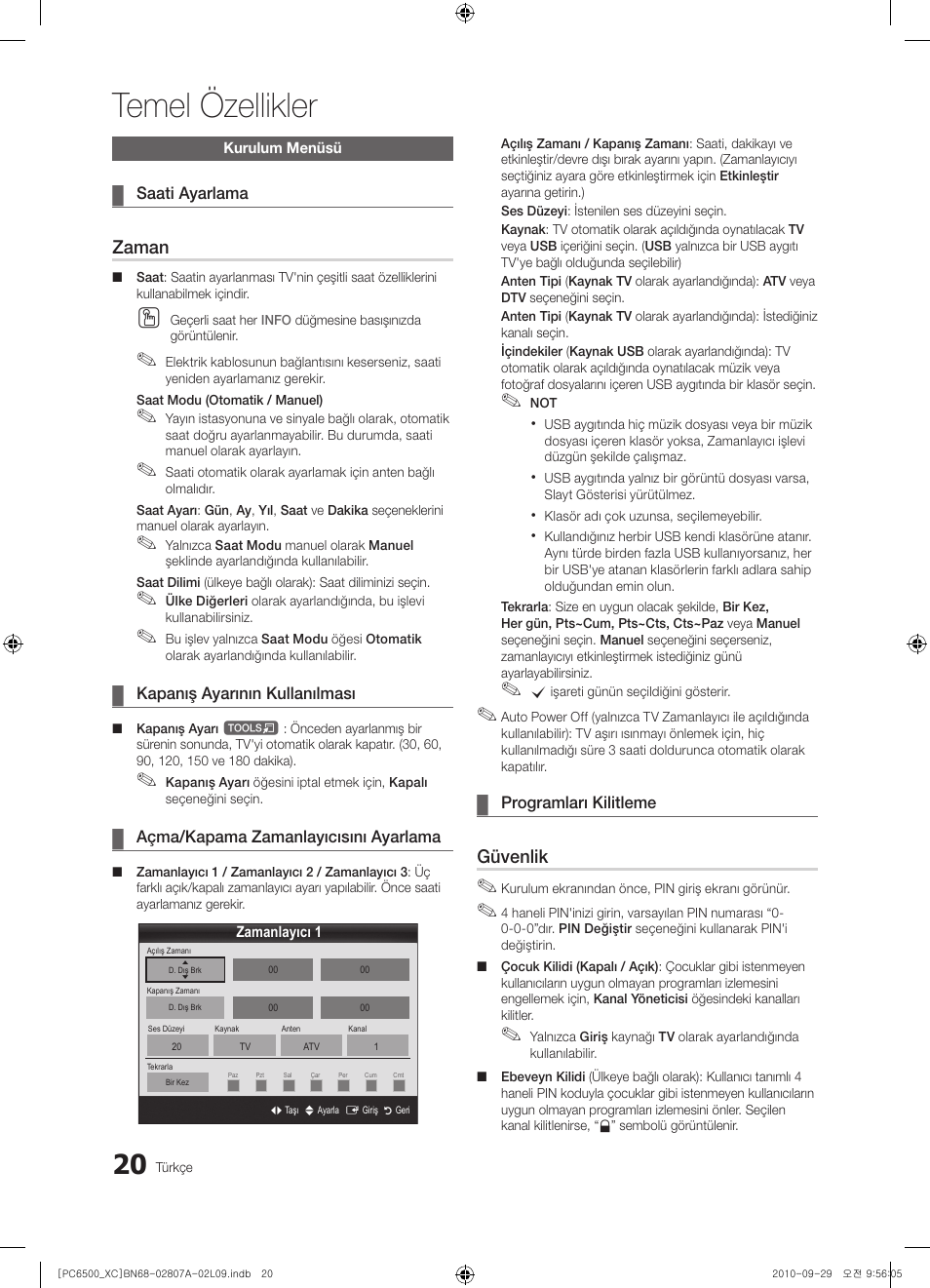 Temel özellikler, Zaman, Güvenlik | Samsung PS50C6500TW User Manual | Page 461 / 499