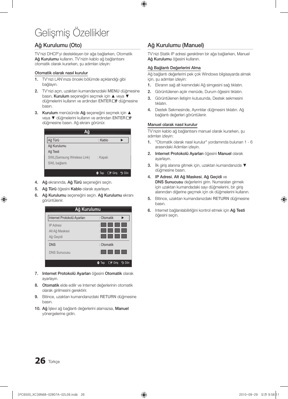 Gelişmiş özellikler, Ağ kurulumu (oto), Ağ kurulumu (manuel) | Samsung PS50C6500TW User Manual | Page 467 / 499