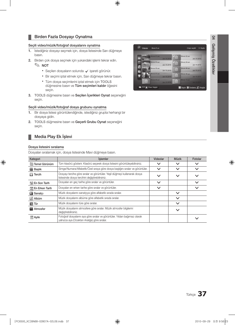 Birden fazla dosyayı oynatma, Media play ek işlevi | Samsung PS50C6500TW User Manual | Page 478 / 499