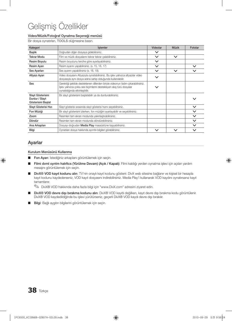 Gelişmiş özellikler, Ayarlar | Samsung PS50C6500TW User Manual | Page 479 / 499