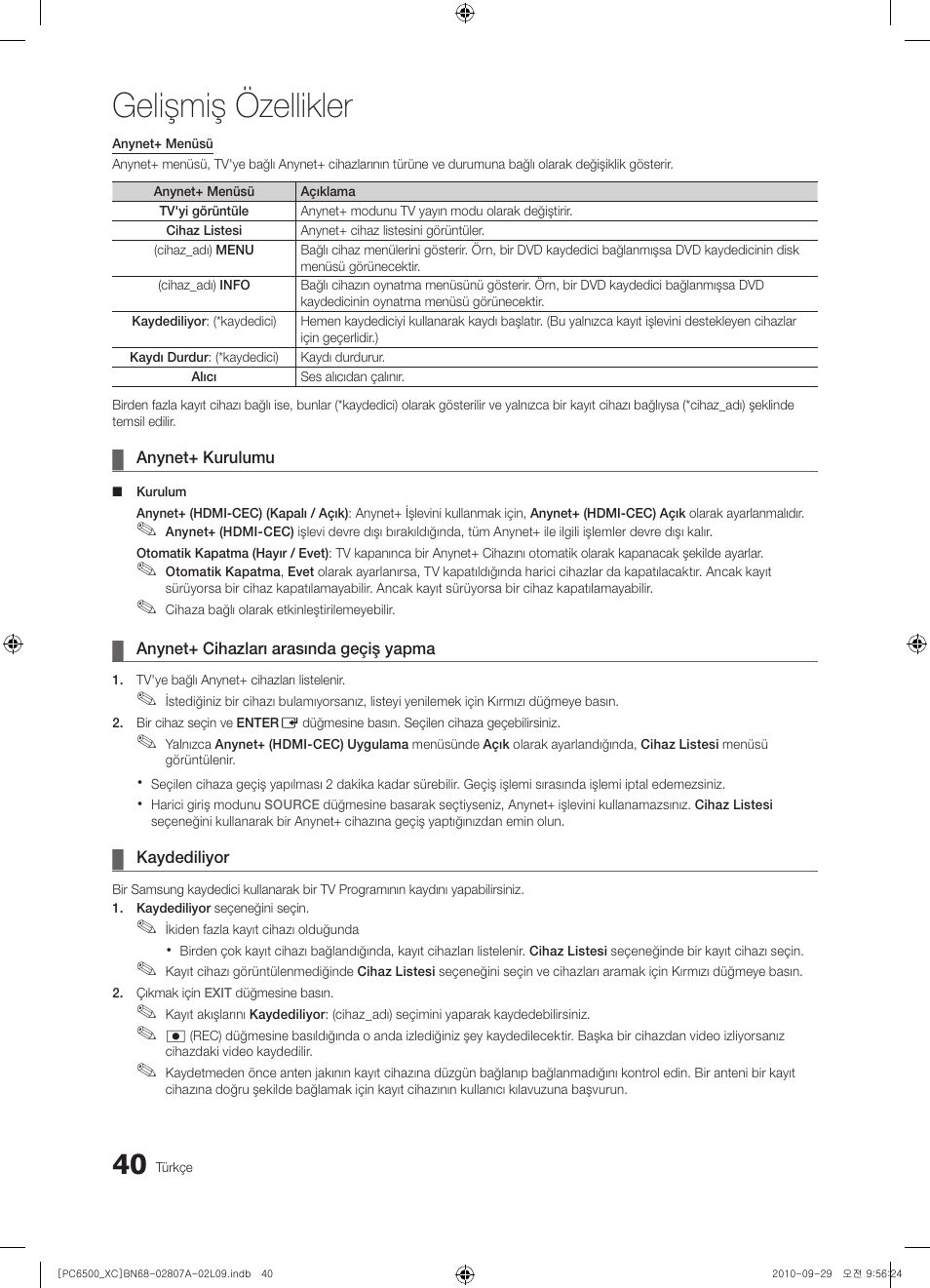 Gelişmiş özellikler | Samsung PS50C6500TW User Manual | Page 481 / 499