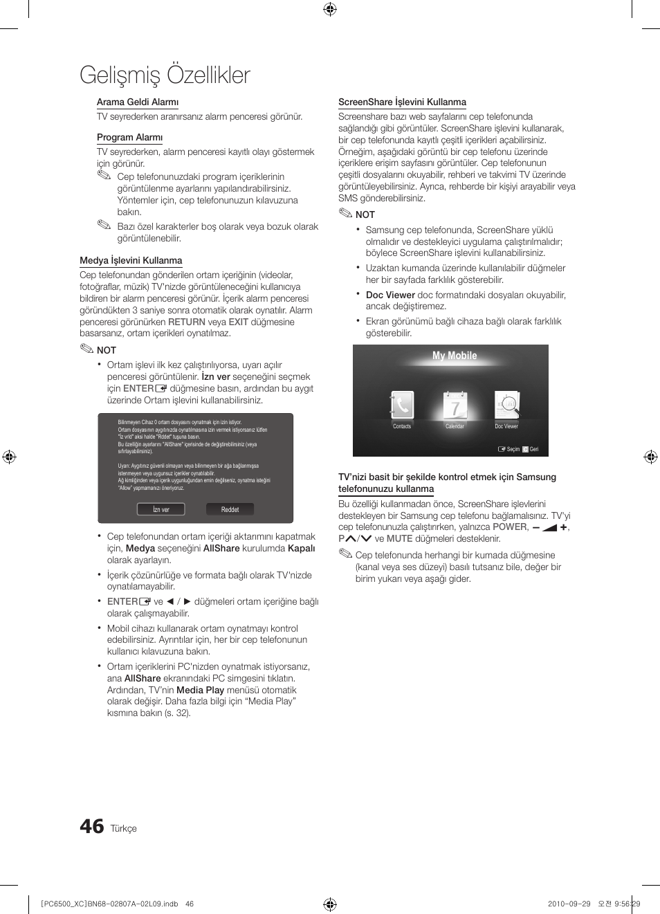 Gelişmiş özellikler | Samsung PS50C6500TW User Manual | Page 487 / 499