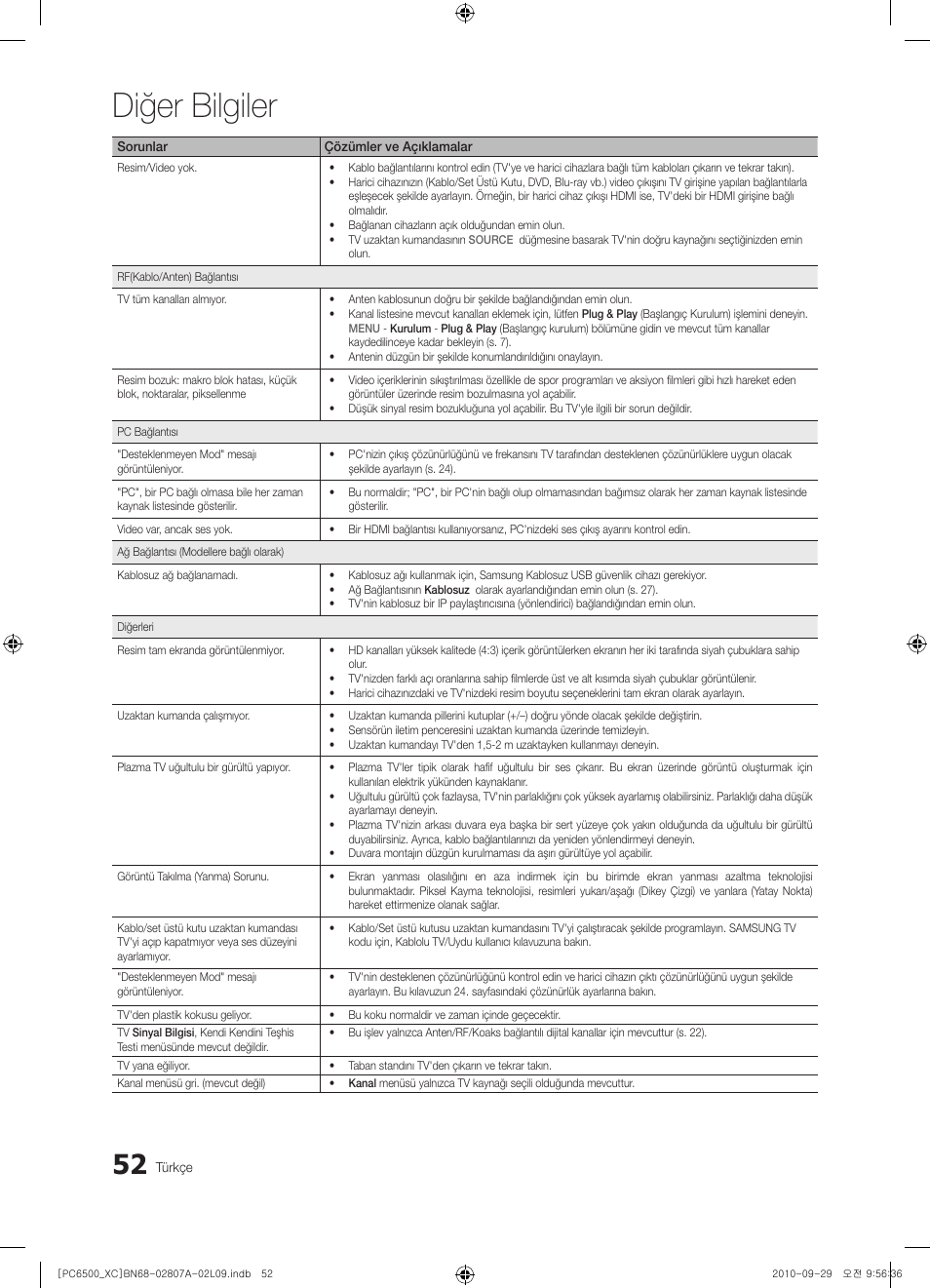 Diğer bilgiler | Samsung PS50C6500TW User Manual | Page 493 / 499