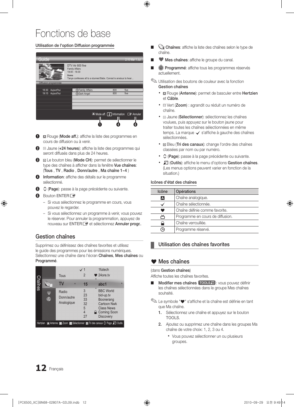 Fonctions de base, Gestion chaînes, Mes chaînes | Utilisation des chaînes favorites | Samsung PS50C6500TW User Manual | Page 67 / 499