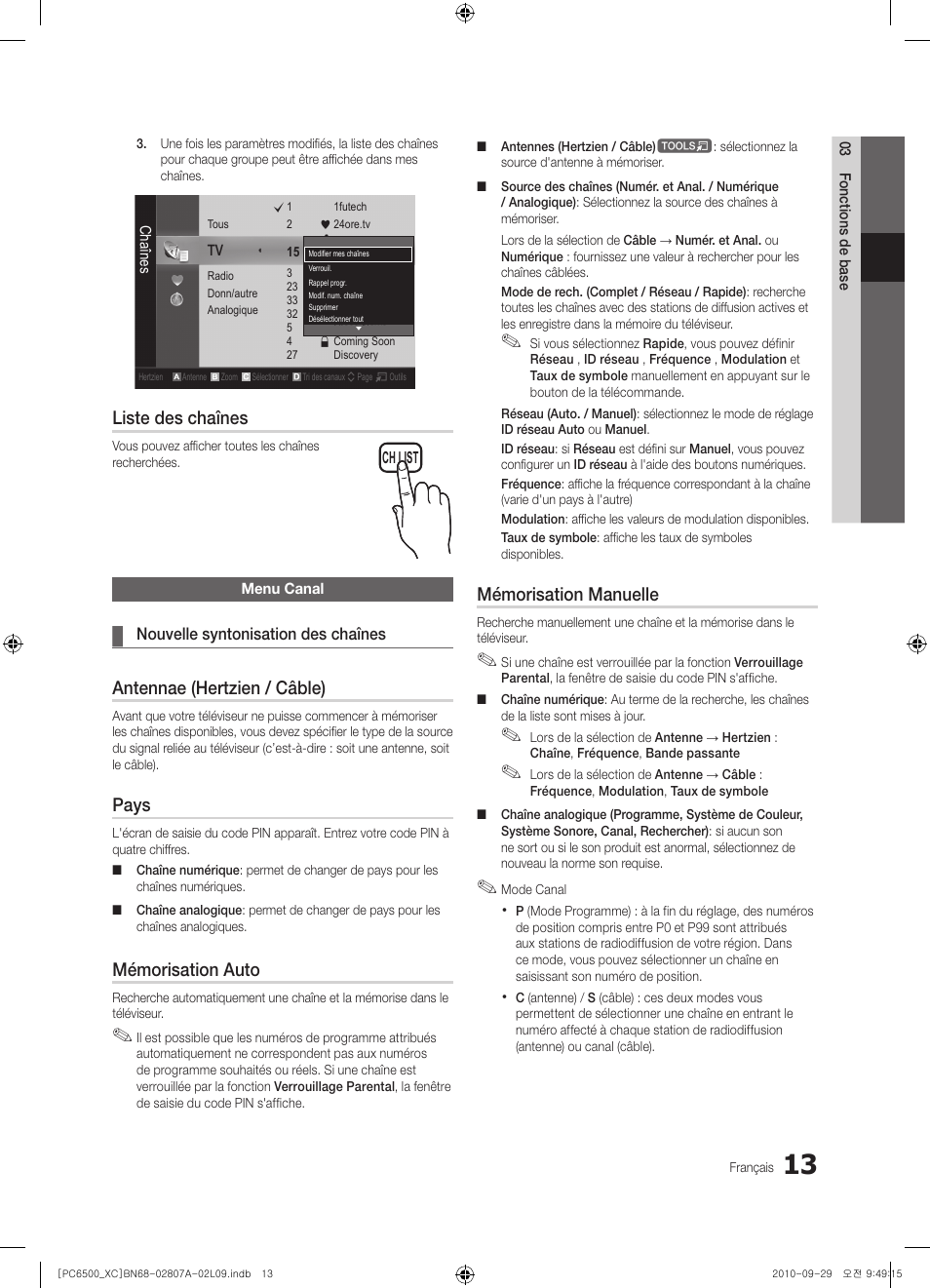 Liste des chaînes, Antennae (hertzien / câble), Pays | Mémorisation auto, Mémorisation manuelle | Samsung PS50C6500TW User Manual | Page 68 / 499