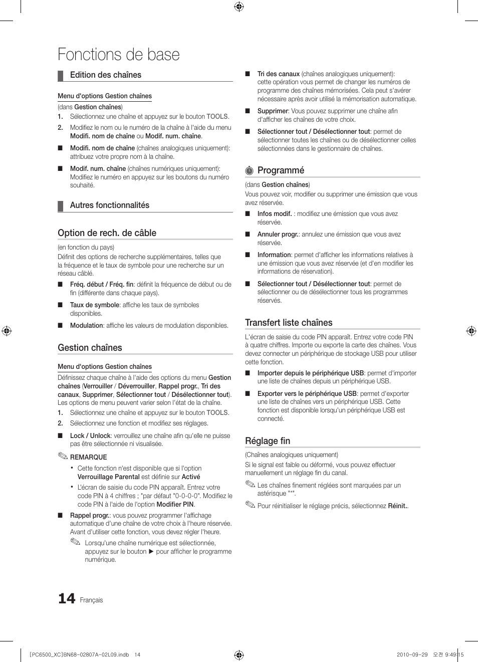 Fonctions de base, Option de rech. de câble, Gestion chaînes | Programmé, Transfert liste chaînes, Réglage fin | Samsung PS50C6500TW User Manual | Page 69 / 499