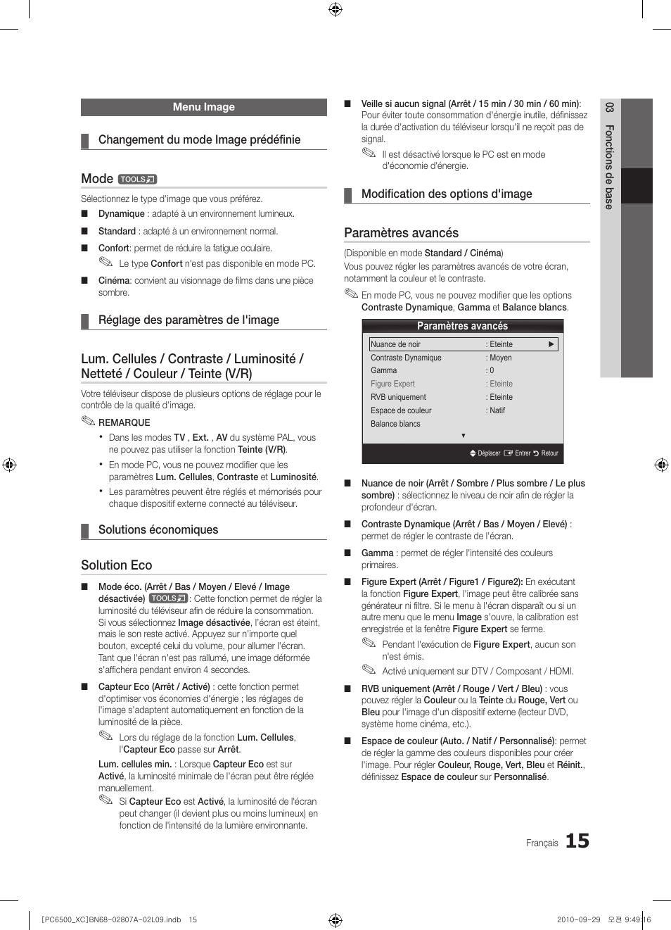 Mode, Solution eco, Paramètres avancés | Samsung PS50C6500TW User Manual | Page 70 / 499