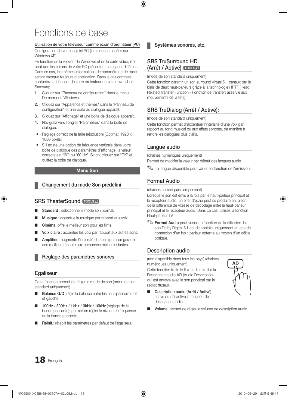 Fonctions de base, Srs theatersound, Egaliseur | Srs trusurround hd (arrêt / activé), Srs trudialog (arrêt / activé), Langue audio, Format audio, Description audio | Samsung PS50C6500TW User Manual | Page 73 / 499