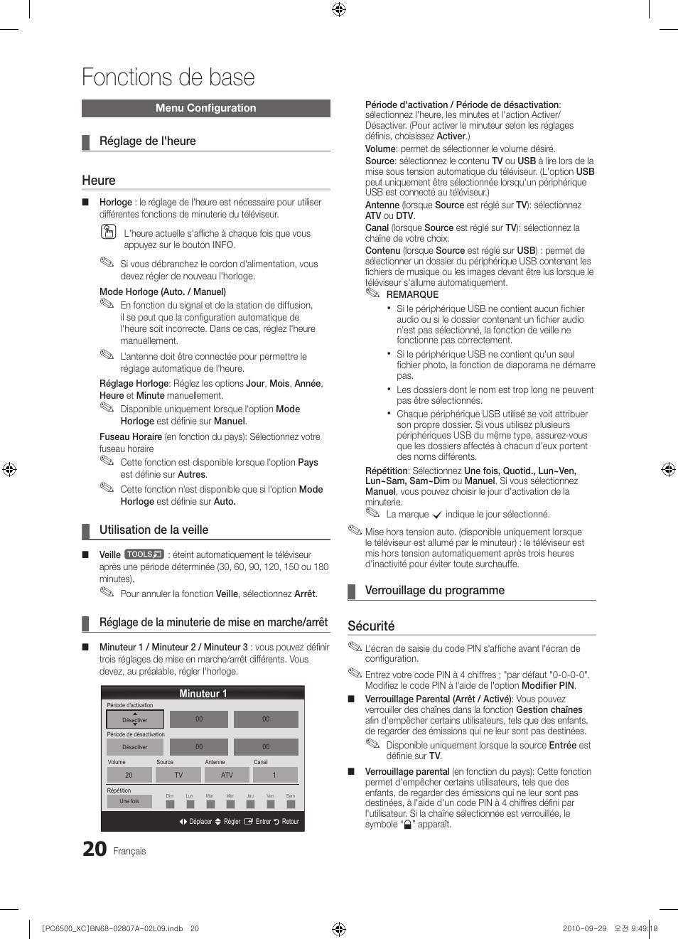 Fonctions de base, Heure, Sécurité | Samsung PS50C6500TW User Manual | Page 75 / 499