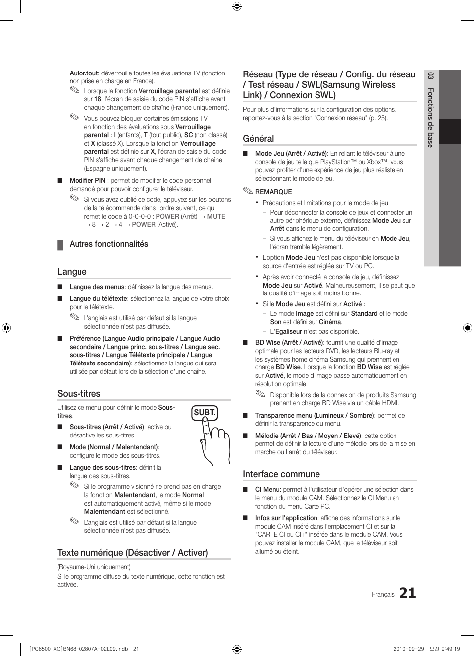 Langue, Sous-titres, Texte numérique (désactiver / activer) | Général, Interface commune | Samsung PS50C6500TW User Manual | Page 76 / 499