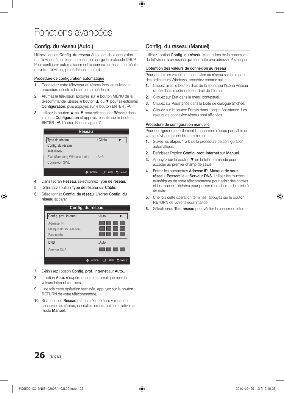 Fonctions avancées, Config. du réseau (auto.), Config. du réseau (manuel) | Samsung PS50C6500TW User Manual | Page 81 / 499