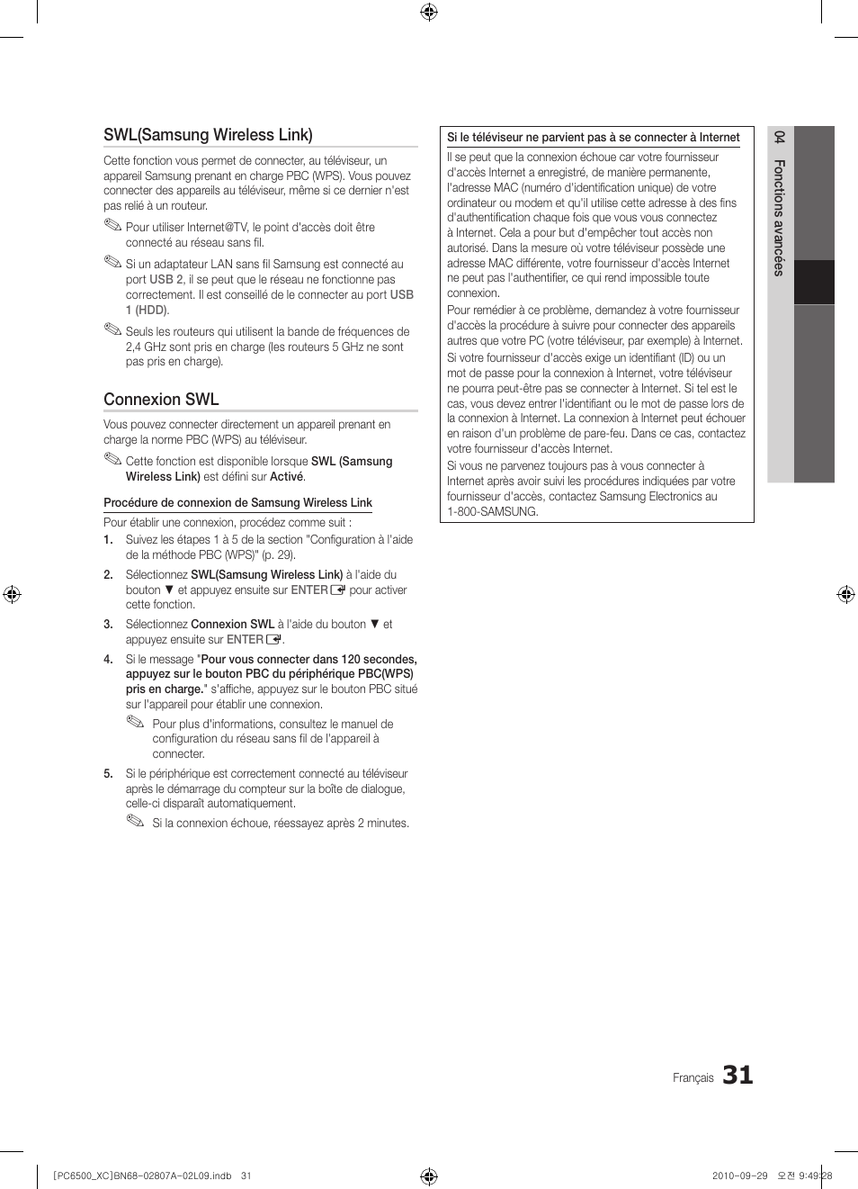 Swl(samsung wireless link), Connexion swl | Samsung PS50C6500TW User Manual | Page 86 / 499