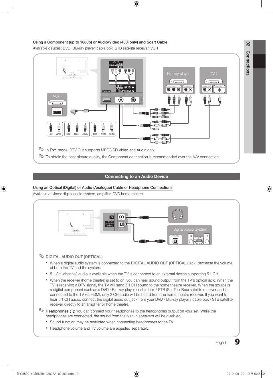 02 connections, Connecting to an audio device | Samsung PS50C6500TW User Manual | Page 9 / 499