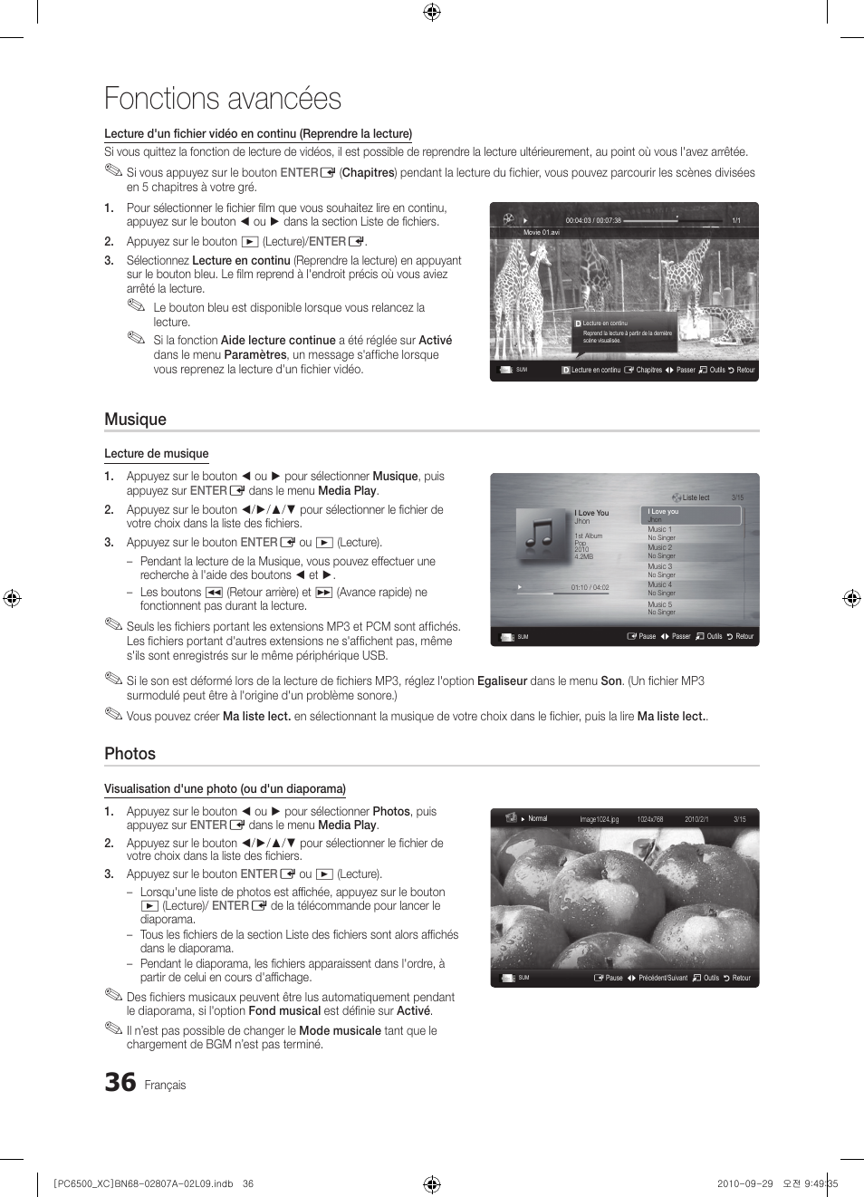 Fonctions avancées, Musique, Photos | Samsung PS50C6500TW User Manual | Page 91 / 499