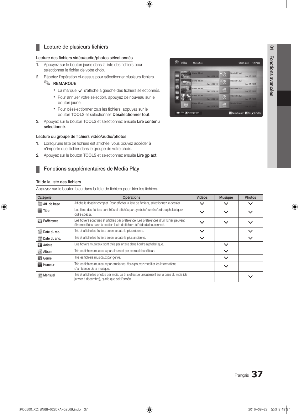 Lecture de plusieurs fichiers, Fonctions supplémentaires de media play | Samsung PS50C6500TW User Manual | Page 92 / 499