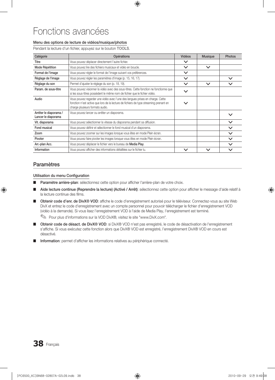 Fonctions avancées, Paramètres | Samsung PS50C6500TW User Manual | Page 93 / 499