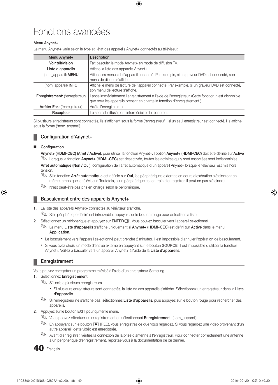 Fonctions avancées | Samsung PS50C6500TW User Manual | Page 95 / 499