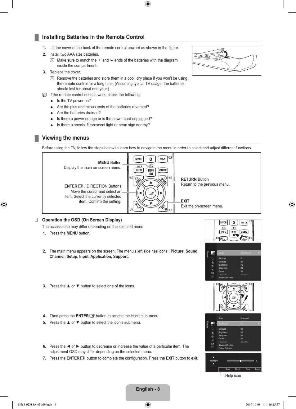 Installing batteries in the remote control, Viewing the menus, English | Operation the osd (on screen display) | Samsung UE40B6000VP User Manual | Page 10 / 494