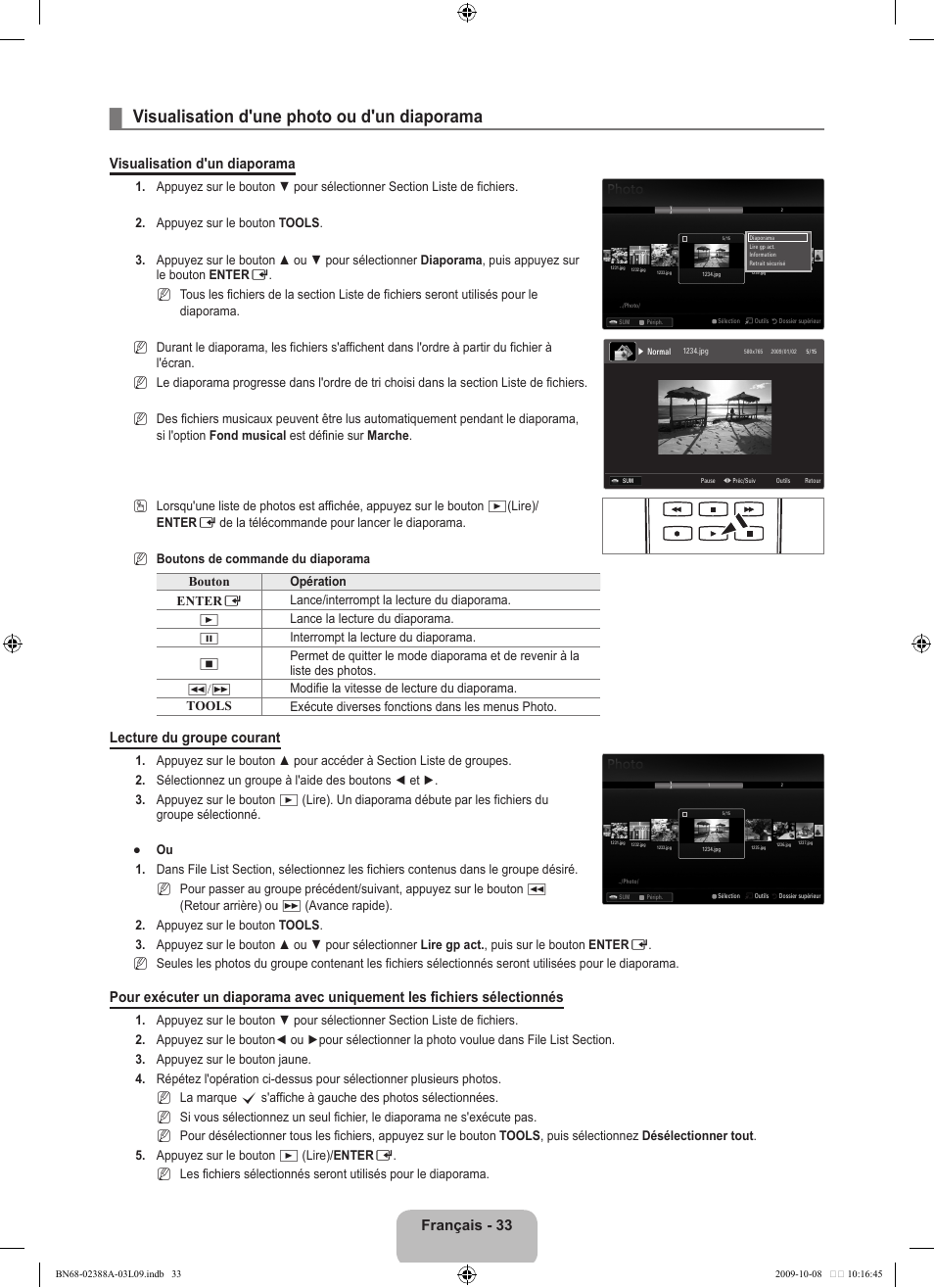 Visualisation d'une photo ou d'un diaporama, Français - 33, Visualisation d'un diaporama | Lecture du groupe courant | Samsung UE40B6000VP User Manual | Page 101 / 494