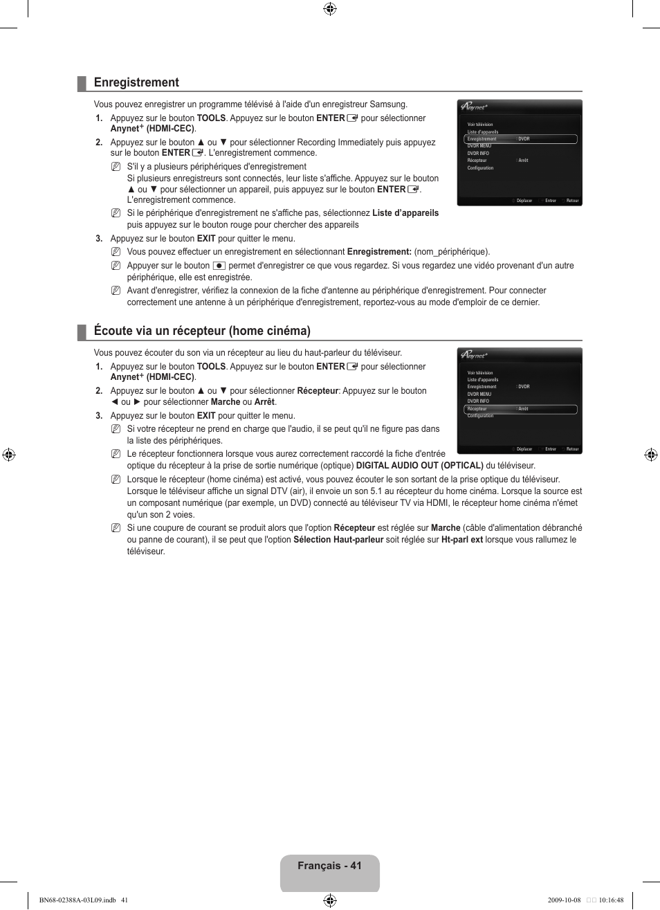 Enregistrement, Écoute via un récepteur (home cinéma), Français - 41 | Samsung UE40B6000VP User Manual | Page 109 / 494