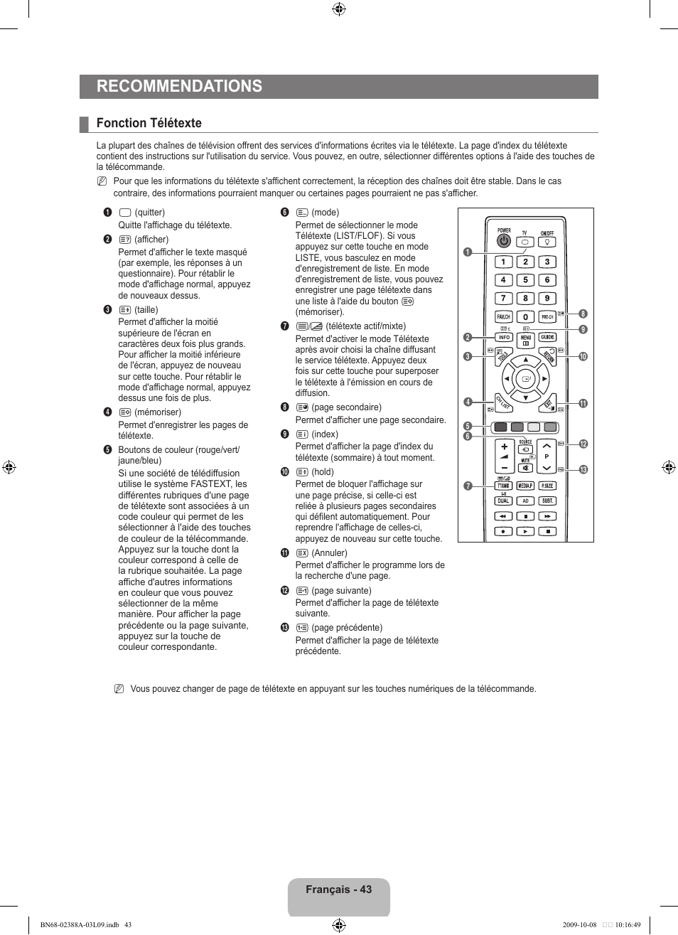 Recommendations, Fonction télétexte | Samsung UE40B6000VP User Manual | Page 111 / 494