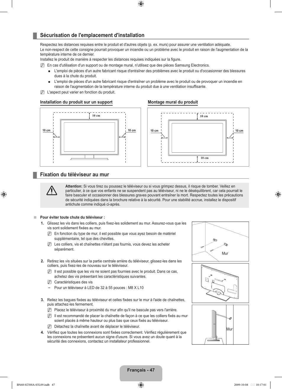 Sécurisation de l'emplacement d'installation, Fixation du téléviseur au mur | Samsung UE40B6000VP User Manual | Page 115 / 494