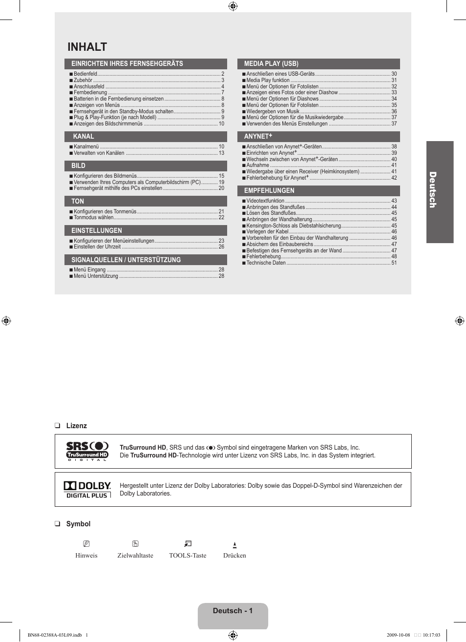 Inhalt, Deutsc h | Samsung UE40B6000VP User Manual | Page 121 / 494