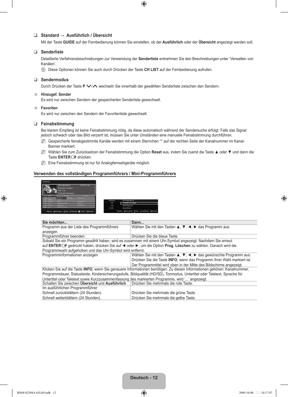 Deutsch - 12 standard → ausführlich / übersicht, Senderliste, Sendermodus | Feinabstimmung | Samsung UE40B6000VP User Manual | Page 132 / 494