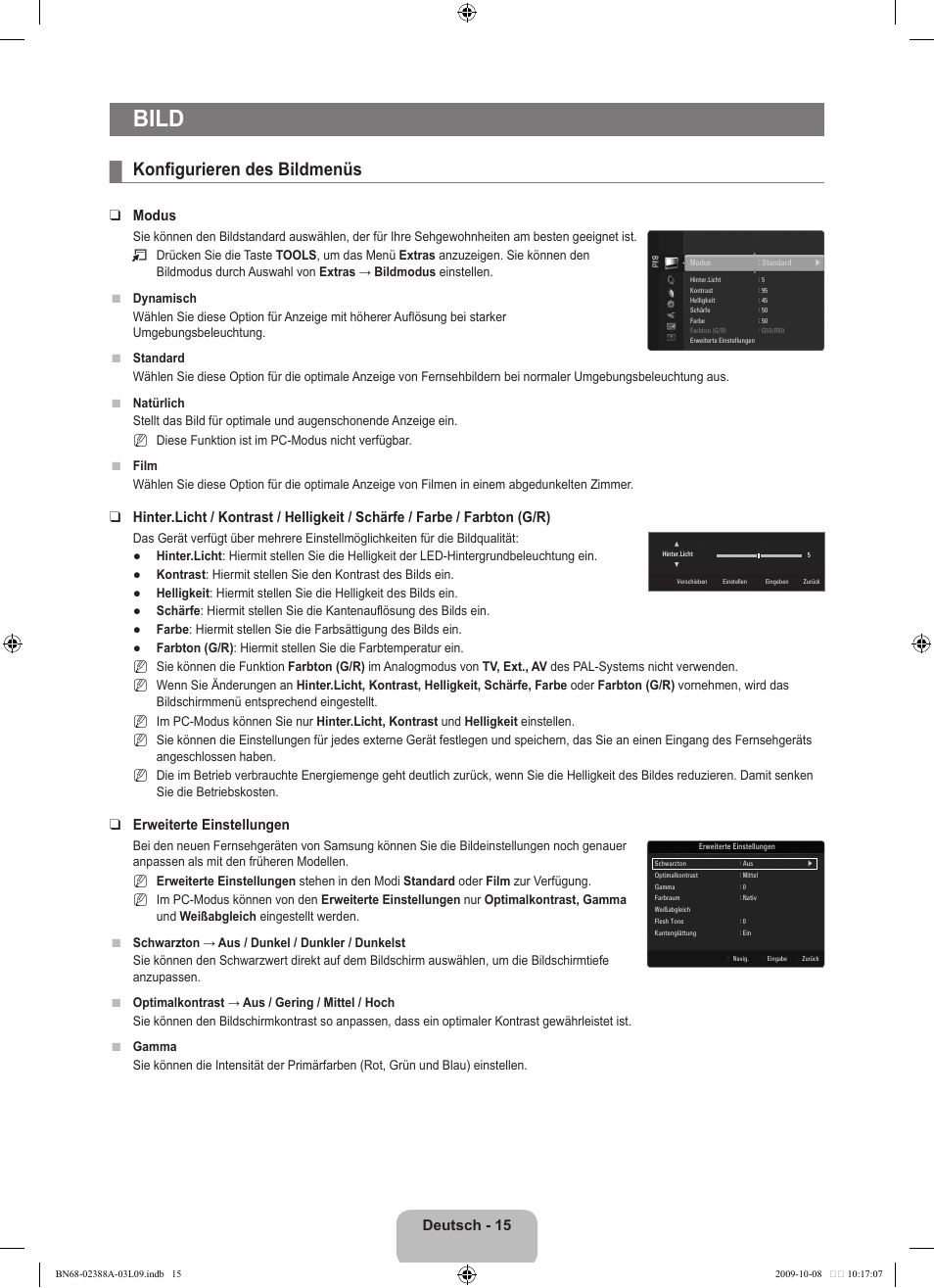 Bild, Konfigurieren des bildmenüs, Deutsch - 15 | Modus, Erweiterte einstellungen | Samsung UE40B6000VP User Manual | Page 135 / 494