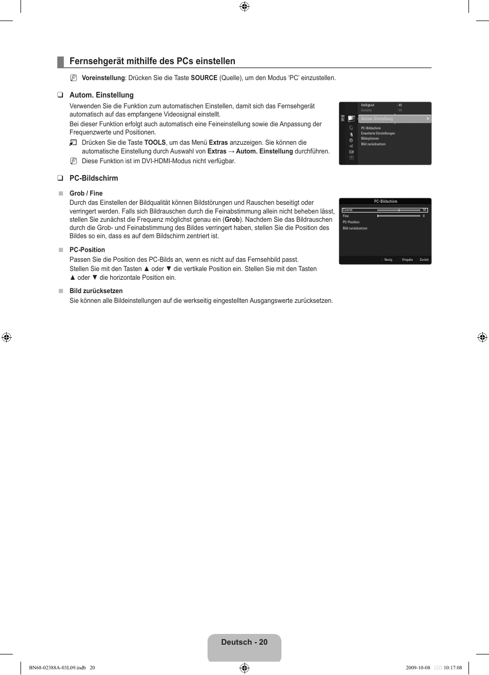 Fernsehgerät mithilfe des pcs einstellen, Deutsch - 20, Autom. einstellung | Pc-bildschirm | Samsung UE40B6000VP User Manual | Page 140 / 494