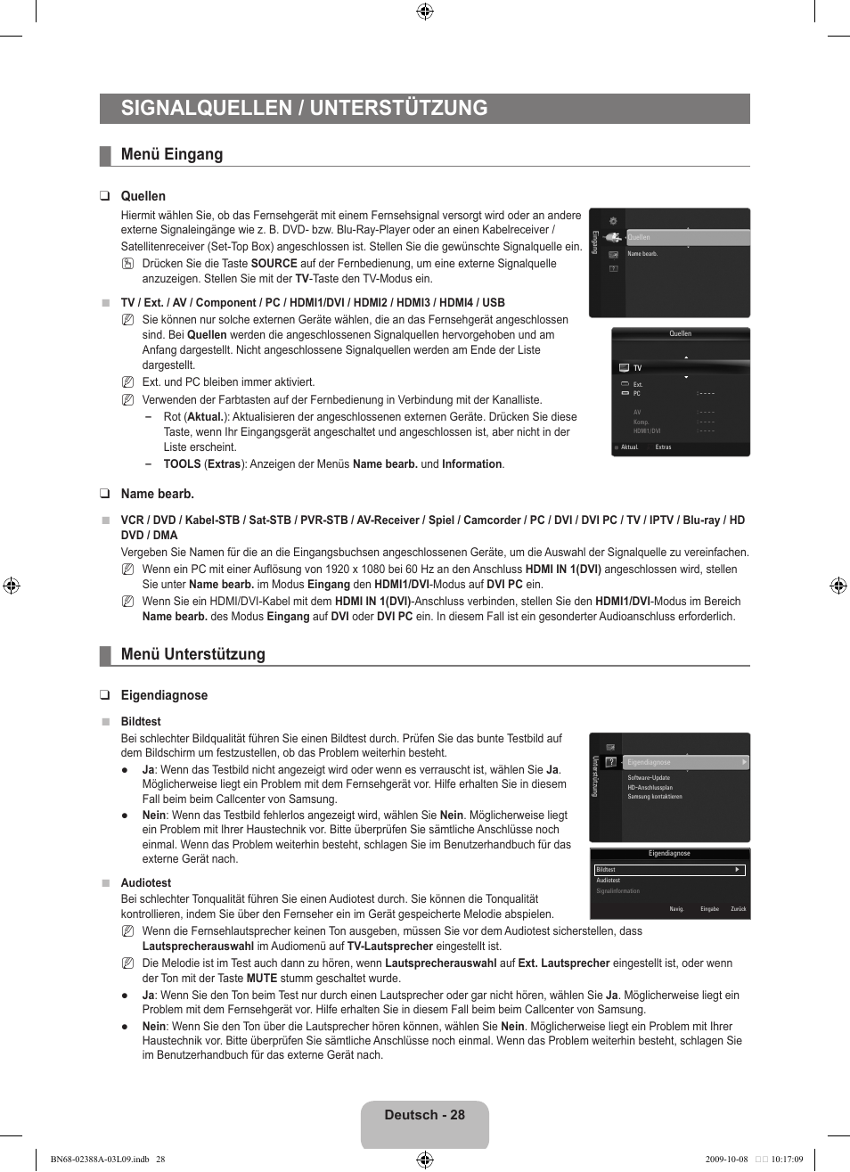 Signalquellen / unterstützung, Menü eingang, Menü unterstützung | Deutsch - 2, Quellen, Name bearb, Eigendiagnose | Samsung UE40B6000VP User Manual | Page 148 / 494