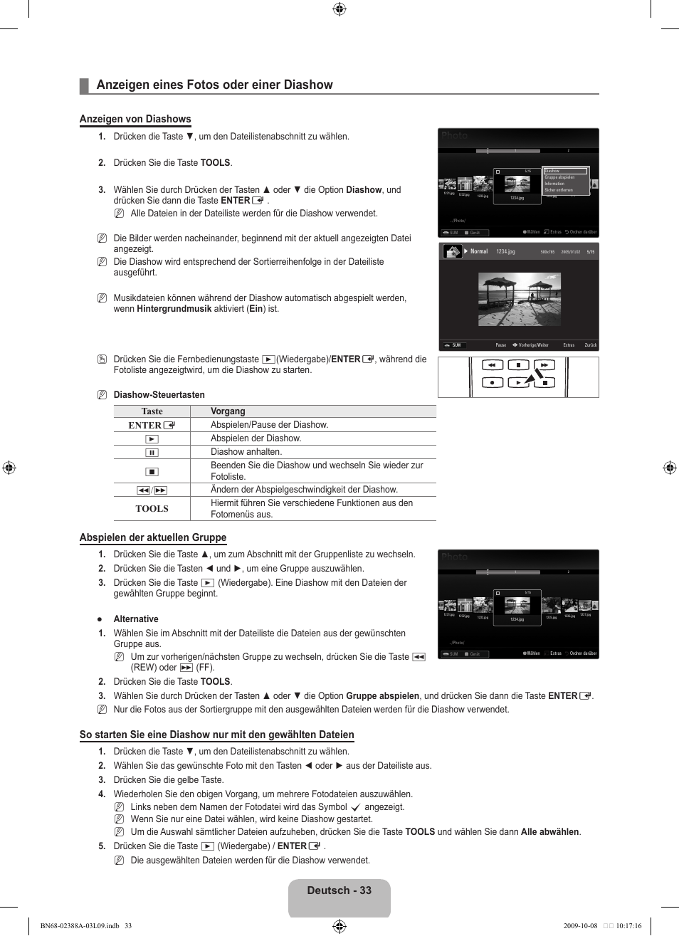 Anzeigen eines fotos oder einer diashow, Deutsch - 33, Anzeigen von diashows | Abspielen der aktuellen gruppe | Samsung UE40B6000VP User Manual | Page 153 / 494