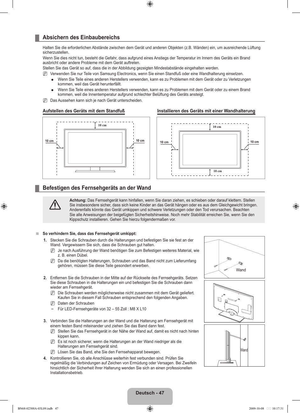 Absichern des einbaubereichs, Befestigen des fernsehgeräts an der wand | Samsung UE40B6000VP User Manual | Page 167 / 494