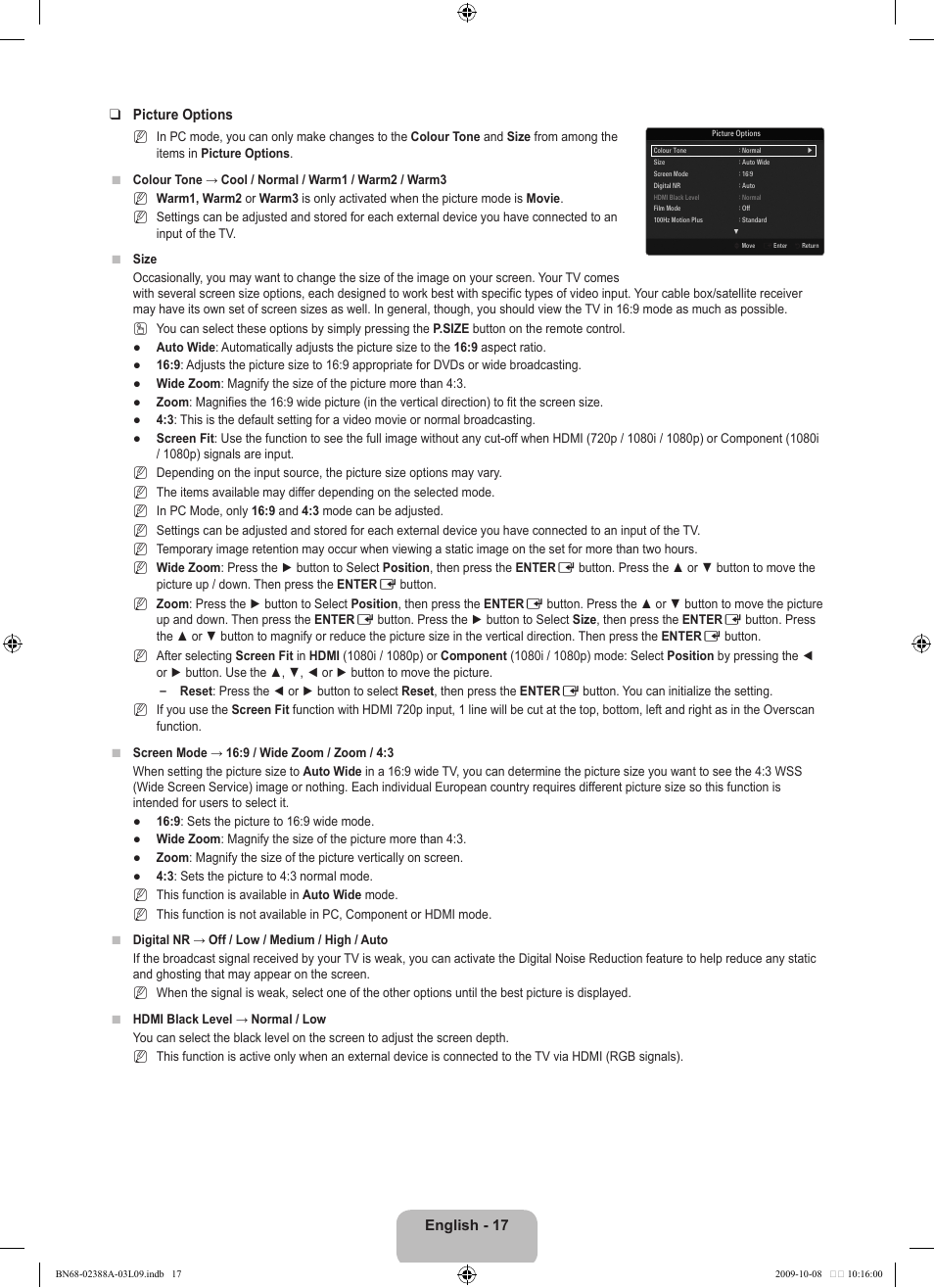 English - 1 picture options | Samsung UE40B6000VP User Manual | Page 19 / 494