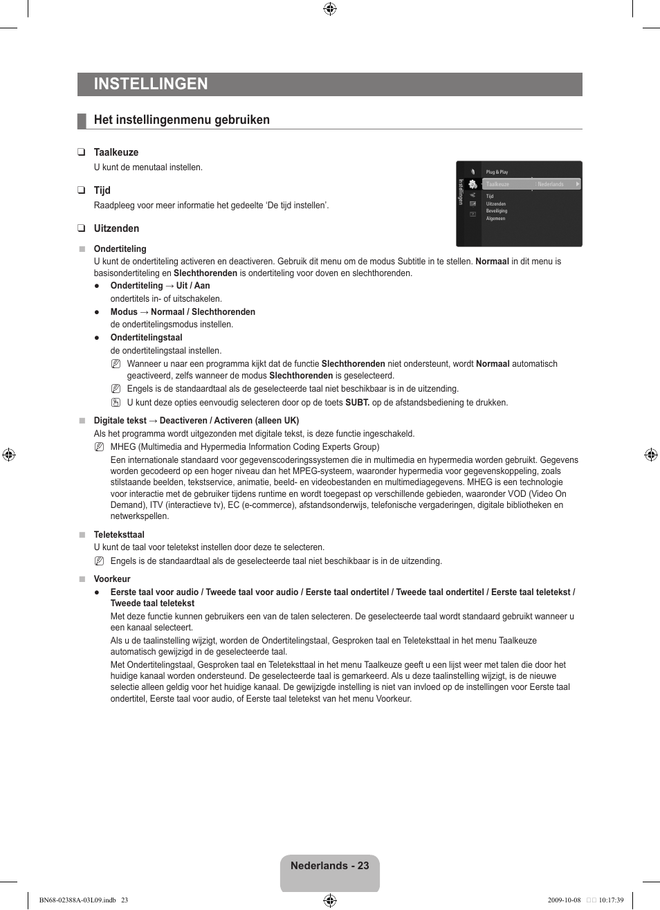 Instellingen, Het instellingenmenu gebruiken | Samsung UE40B6000VP User Manual | Page 195 / 494