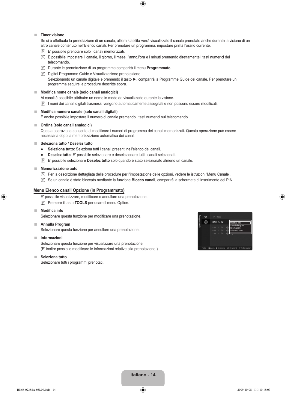 Italiano - 14, Menu elenco canali opzione (in programmato) | Samsung UE40B6000VP User Manual | Page 238 / 494