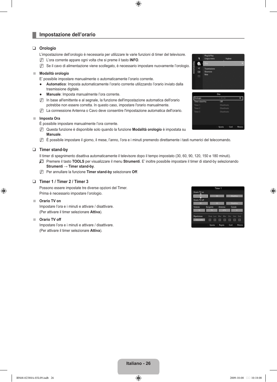 Impostazione dell’orario, Italiano - 26, Orologio | Timer stand-by, Timer 1 / timer 2 / timer 3 | Samsung UE40B6000VP User Manual | Page 250 / 494