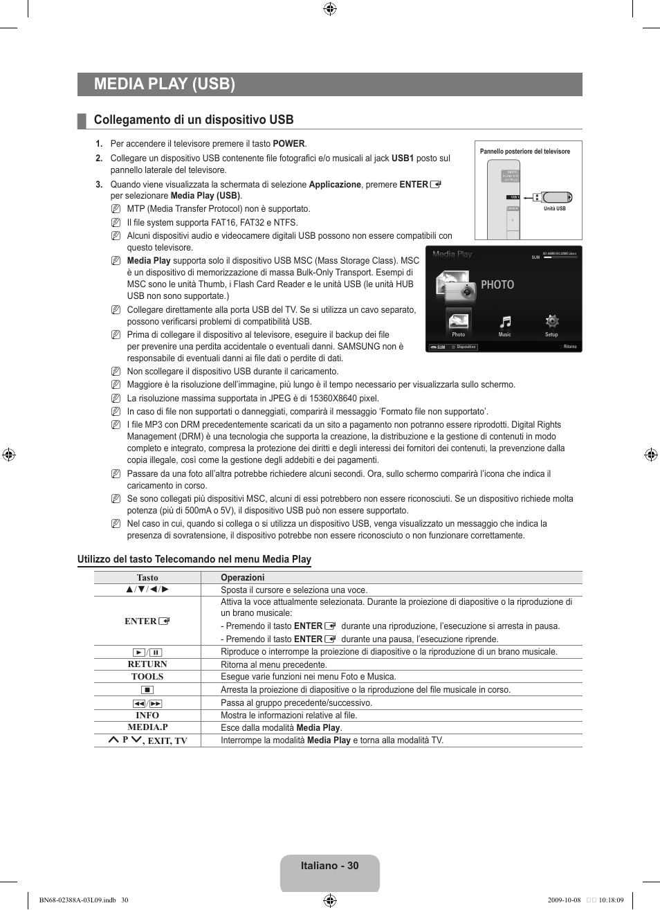 Media play (usb), Collegamento di un dispositivo usb, Photo | Samsung UE40B6000VP User Manual | Page 254 / 494