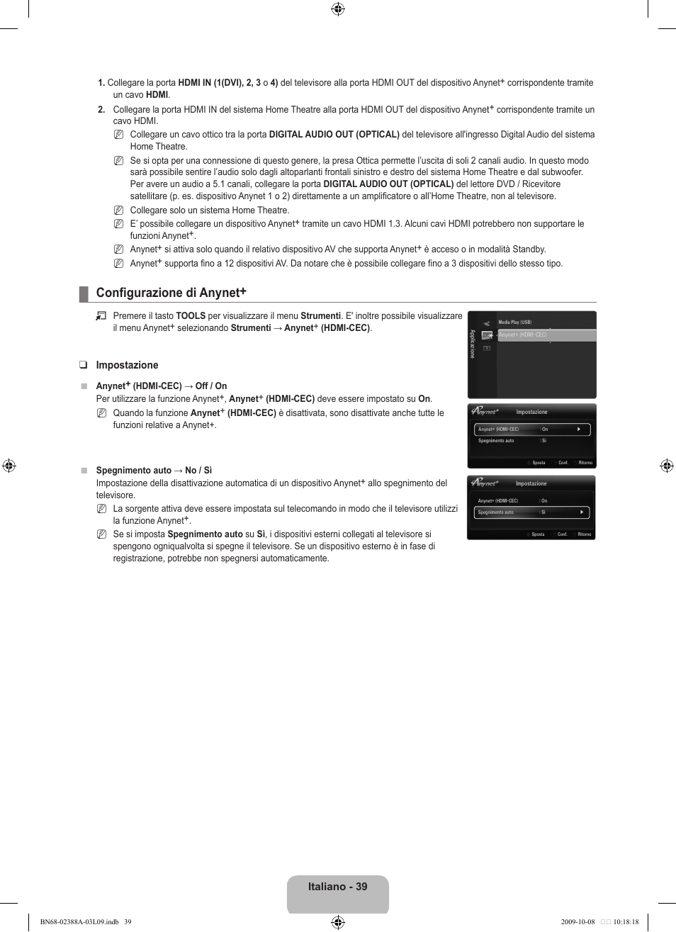 Configurazione di anynet, Italiano - 3, Impostazione | Samsung UE40B6000VP User Manual | Page 263 / 494