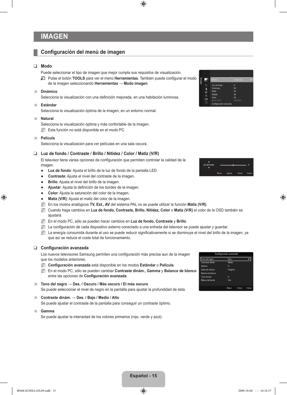 Imagen, Configuración del menú de imagen, Español - 15 | Modo, Configuración avanzada | Samsung UE40B6000VP User Manual | Page 293 / 494