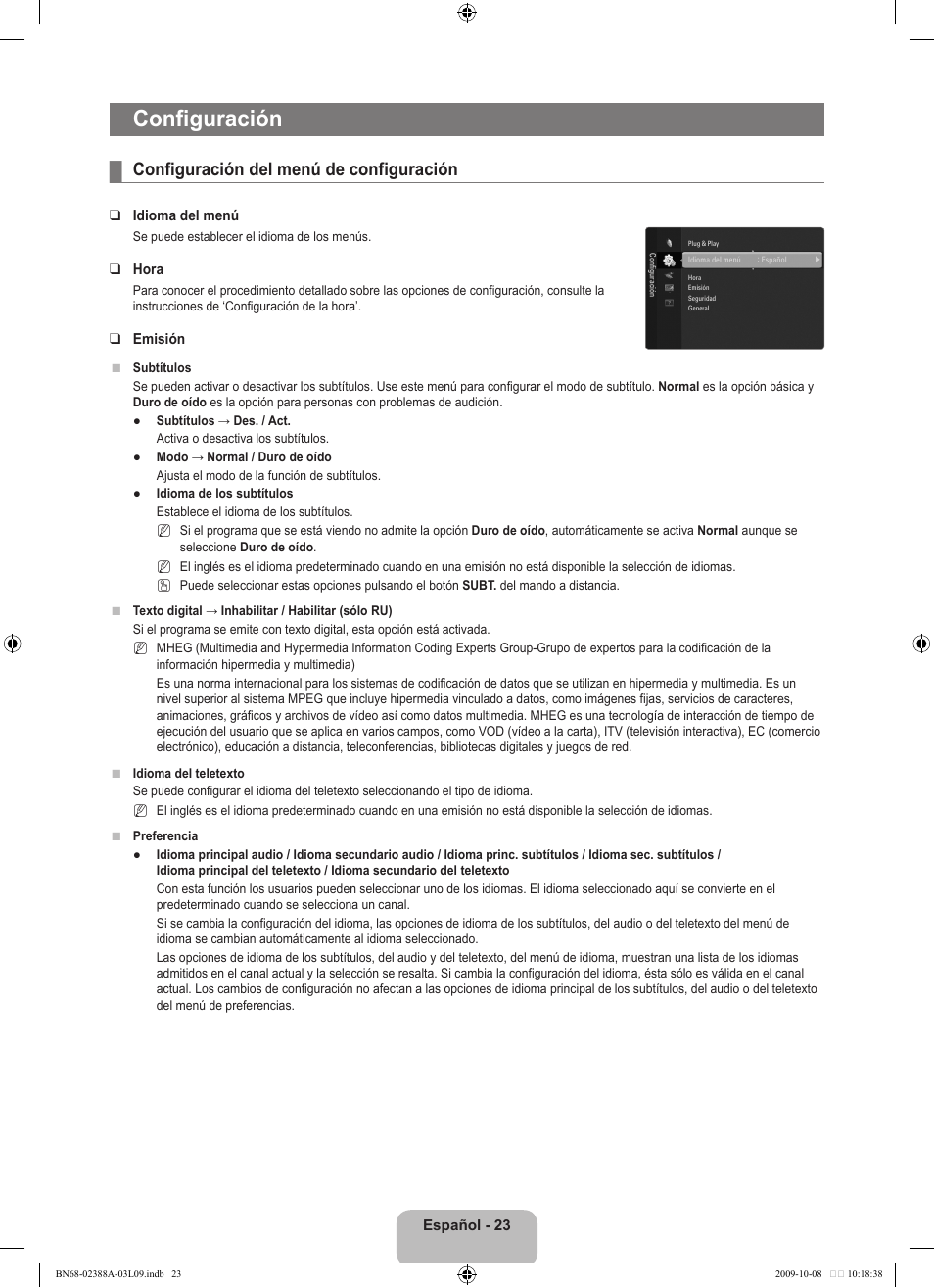 Configuración, Configuración del menú de configuración | Samsung UE40B6000VP User Manual | Page 301 / 494