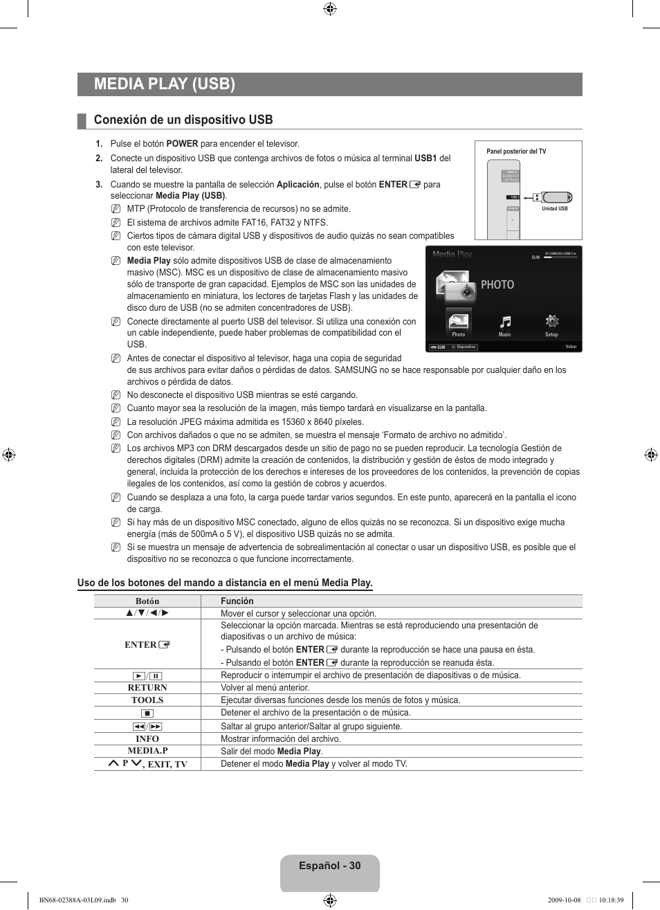 Media play (usb), Conexión de un dispositivo usb, Photo | Samsung UE40B6000VP User Manual | Page 308 / 494