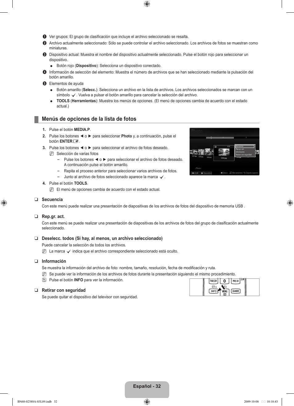 Menús de opciones de la lista de fotos, Español - 32, Secuencia | Rep.gr. act, Información, Retirar con seguridad | Samsung UE40B6000VP User Manual | Page 310 / 494