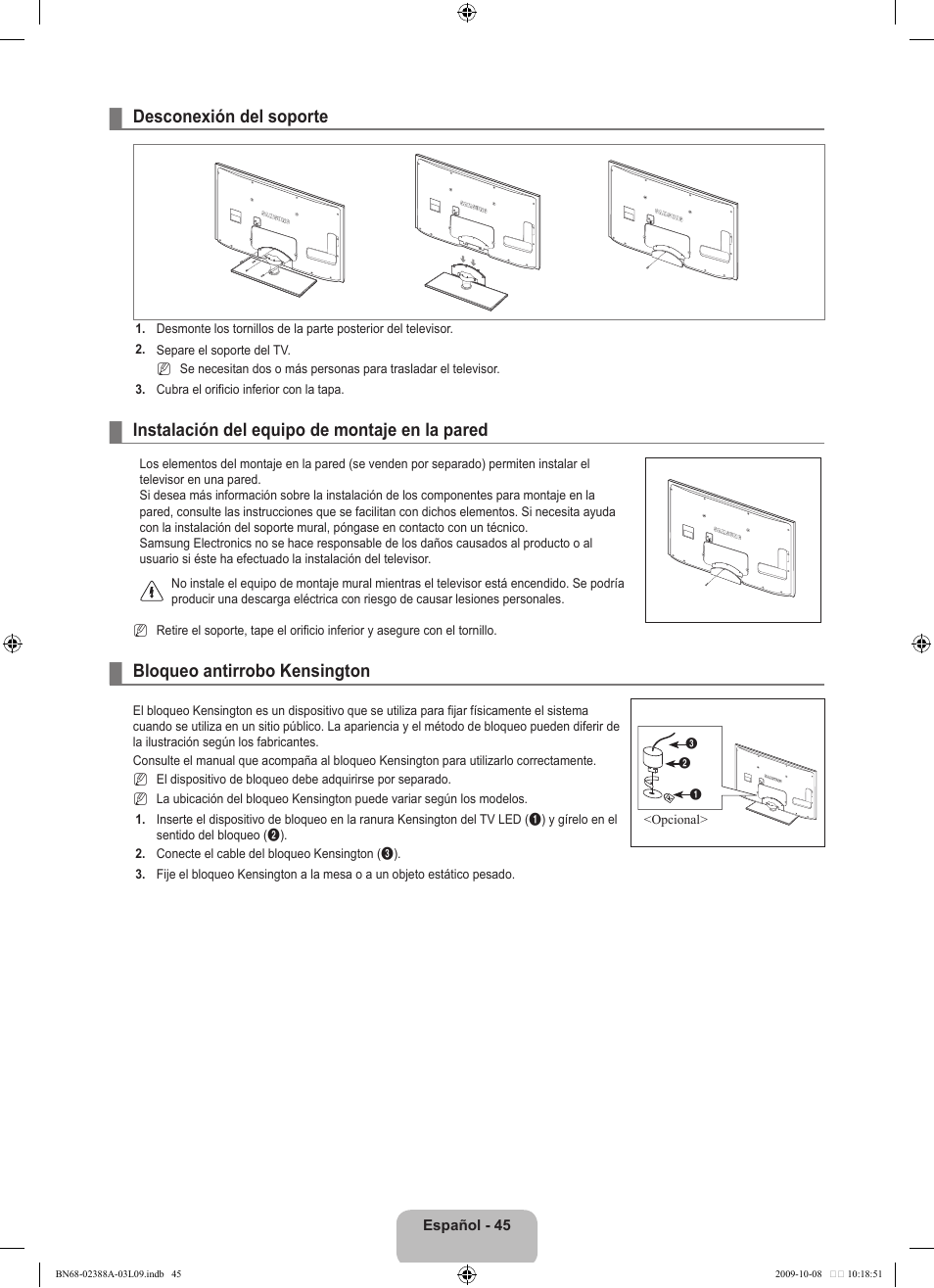 Desconexión del soporte, Instalación del equipo de montaje en la pared, Bloqueo antirrobo kensington | Samsung UE40B6000VP User Manual | Page 323 / 494