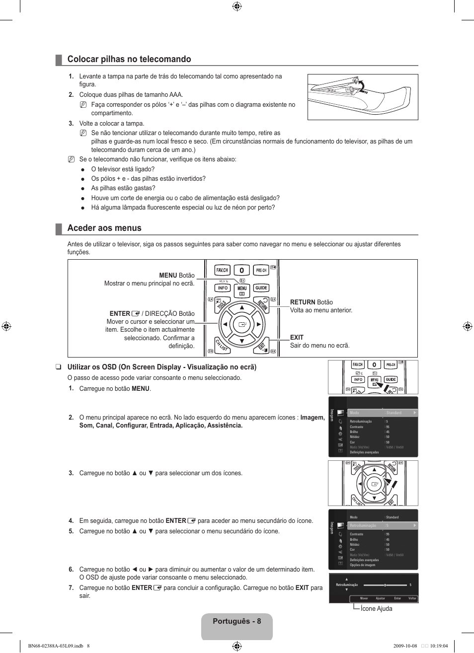 Operation, Colocar pilhas no telecomando, Aceder aos menus | Português | Samsung UE40B6000VP User Manual | Page 338 / 494