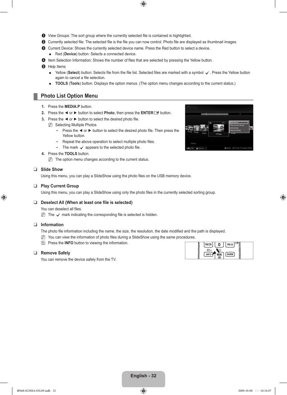 Photo list option menu, English - 32, Slide show | Play current group, Deselect all (when at least one file is selected), Information, Remove safely | Samsung UE40B6000VP User Manual | Page 34 / 494